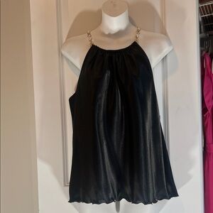 Nicole Miller Black Satin Halter Top with Pearl-Strap Detail